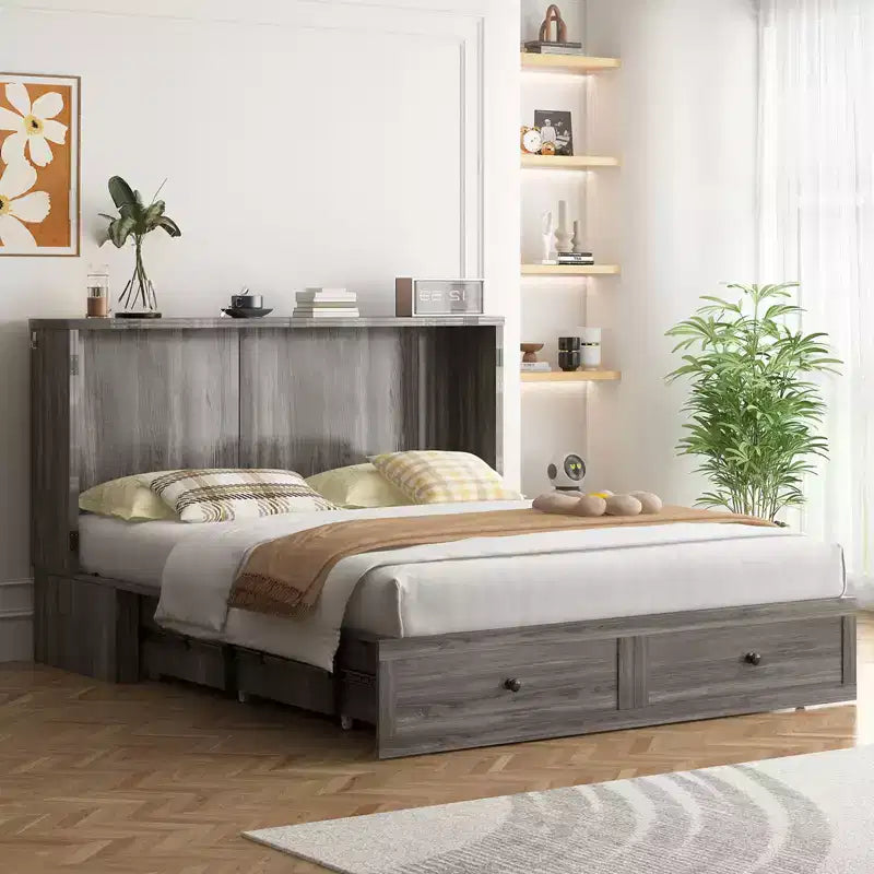 Letto a Scomparsa Queen Size con Mobile Contenitore, Stazione di Ricarica e Materasso