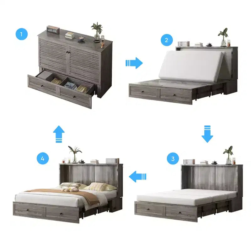 Letto a Scomparsa Queen Size con Mobile Contenitore, Stazione di Ricarica e Materasso