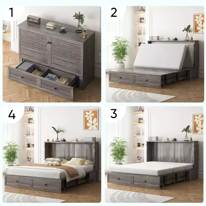 Letto a Scomparsa Queen Size con Mobile Contenitore, Stazione di Ricarica e Materasso
