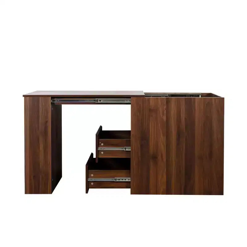 Scrivania angolare allungabile rustica con 2 cassetti e ripiano a 2 livelli