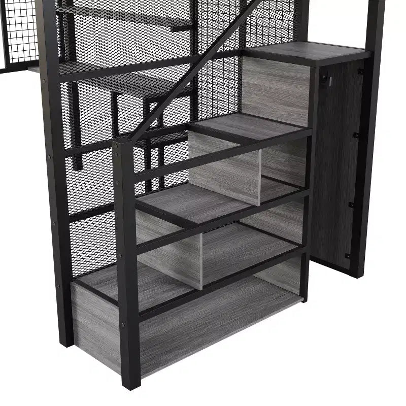 Letto a soppalco full size con scrivania e armadio, struttura in metallo resistente con scalini e mensole in legno per bambini e ragazzi