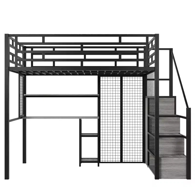 Letto a soppalco full size con scrivania e armadio, struttura in metallo resistente con scalini e mensole in legno per bambini e ragazzi