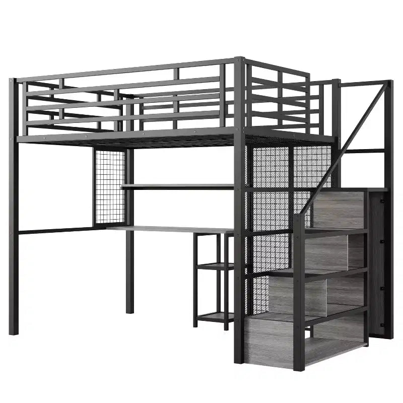 Letto a soppalco full size con scrivania e armadio, struttura in metallo resistente con scalini e mensole in legno per bambini e ragazzi