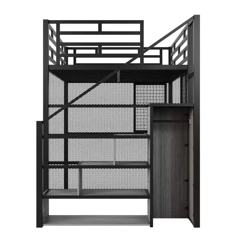 Letto a soppalco full size con scrivania e armadio, struttura in metallo resistente con scalini e mensole in legno per bambini e ragazzi