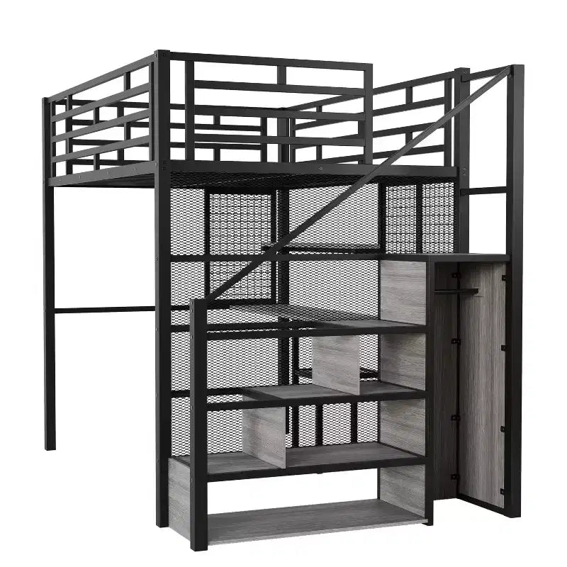 Letto a soppalco full size con scrivania e armadio, struttura in metallo resistente con scalini e mensole in legno per bambini e ragazzi