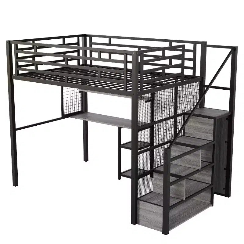 Letto a soppalco full size con scrivania e armadio, struttura in metallo resistente con scalini e mensole in legno per bambini e ragazzi