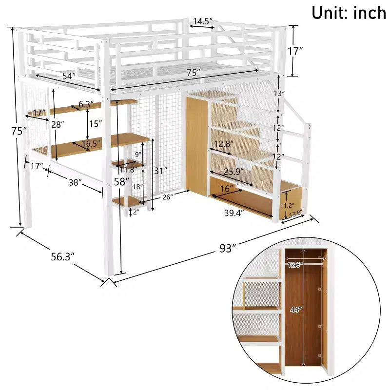 Letto a soppalco full size con scrivania e armadio, struttura in metallo resistente con scalini e mensole in legno per bambini e ragazzi