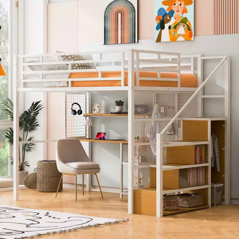 Letto a soppalco full size con scrivania e armadio, struttura in metallo resistente con scalini e mensole in legno per bambini e ragazzi