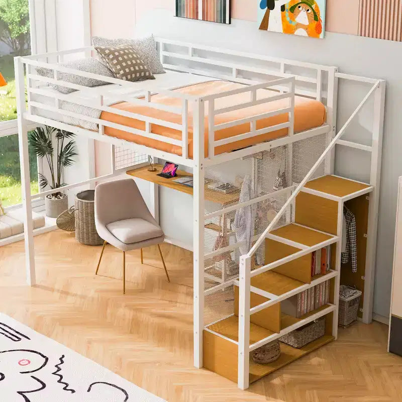 Letto a soppalco full size con scrivania e armadio, struttura in metallo resistente con scalini e mensole in legno per bambini e ragazzi
