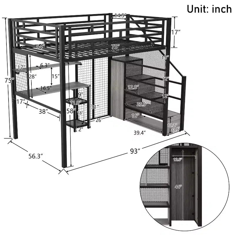 Letto a soppalco full size con scrivania e armadio, struttura in metallo resistente con scalini e mensole in legno per bambini e ragazzi