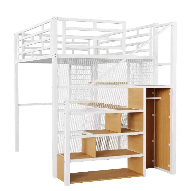 Letto a soppalco full size con scrivania e armadio, struttura in metallo resistente con scalini e mensole in legno per bambini e ragazzi