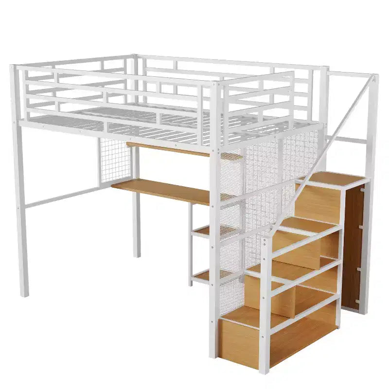 Letto a soppalco full size con scrivania e armadio, struttura in metallo resistente con scalini e mensole in legno per bambini e ragazzi