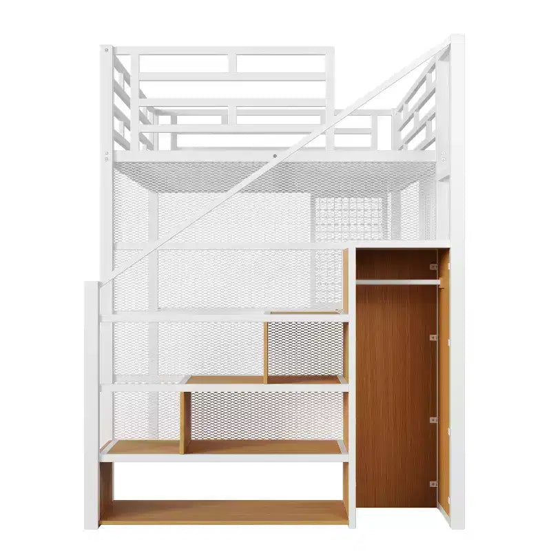 Letto a soppalco full size con scrivania e armadio, struttura in metallo resistente con scalini e mensole in legno per bambini e ragazzi