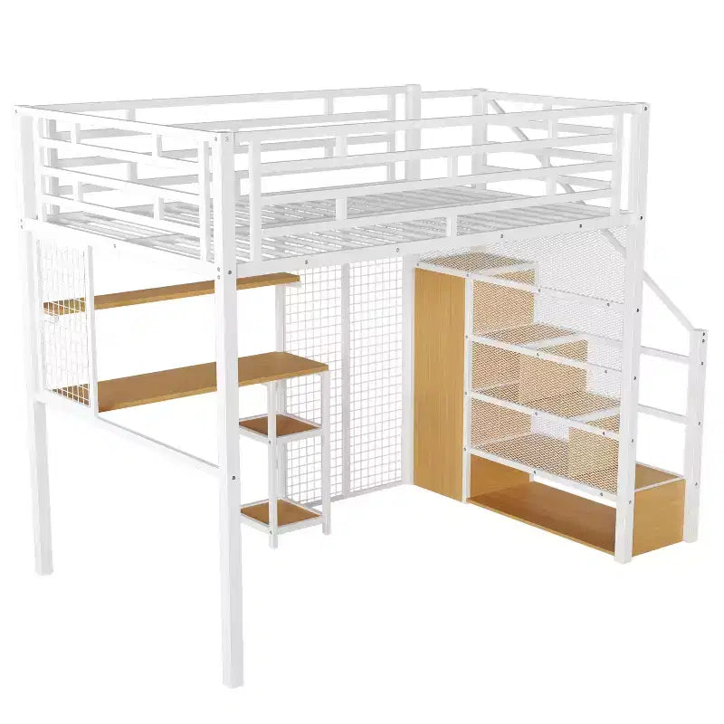Letto a soppalco full size con scrivania e armadio, struttura in metallo resistente con scalini e mensole in legno per bambini e ragazzi