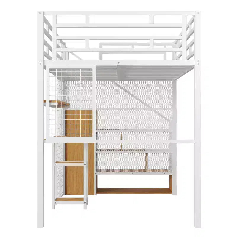 Letto a soppalco full size con scrivania e armadio, struttura in metallo resistente con scalini e mensole in legno per bambini e ragazzi