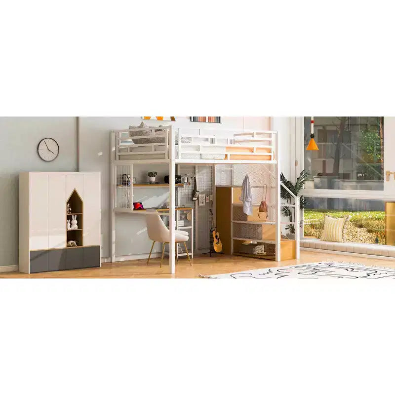 Letto a soppalco full size con scrivania e armadio, struttura in metallo resistente con scalini e mensole in legno per bambini e ragazzi