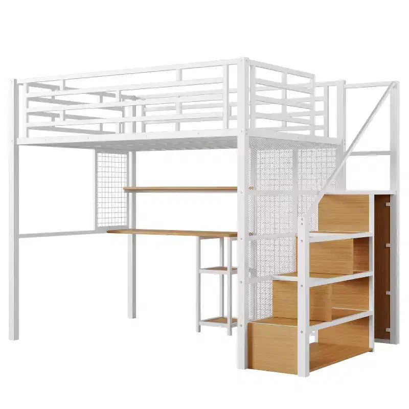 Letto a soppalco full size con scrivania e armadio, struttura in metallo resistente con scalini e mensole in legno per bambini e ragazzi