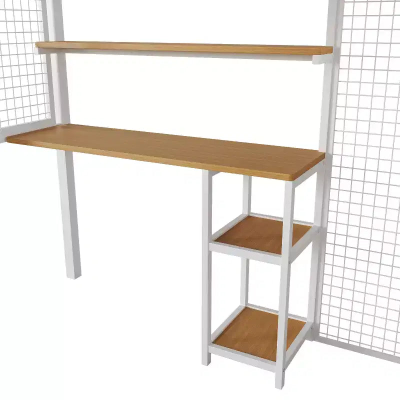 Letto a soppalco full size con scrivania e armadio, struttura in metallo resistente con scalini e mensole in legno per bambini e ragazzi