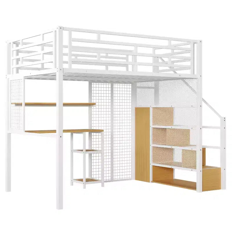 Letto a soppalco full size con scrivania e armadio, struttura in metallo resistente con scalini e mensole in legno per bambini e ragazzi