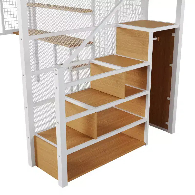 Letto a soppalco full size con scrivania e armadio, struttura in metallo resistente con scalini e mensole in legno per bambini e ragazzi