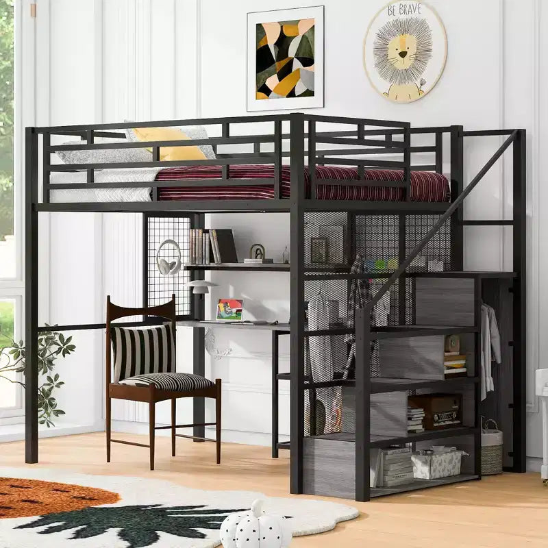 Letto a soppalco full size con scrivania e armadio, struttura in metallo resistente con scalini e mensole in legno per bambini e ragazzi