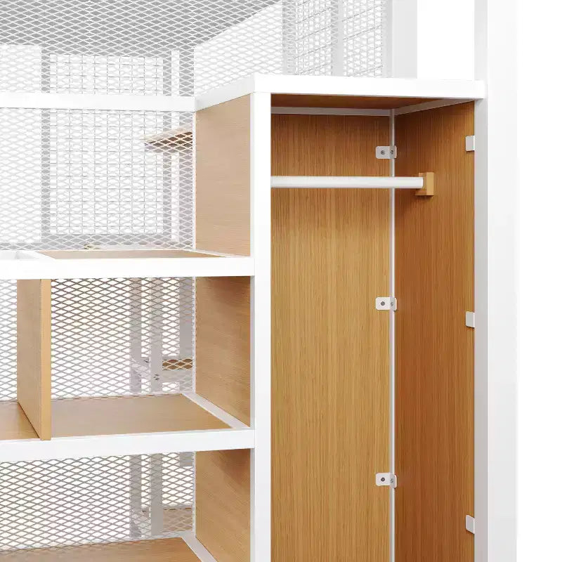 Letto a soppalco full size con scrivania e armadio, struttura in metallo resistente con scalini e mensole in legno per bambini e ragazzi