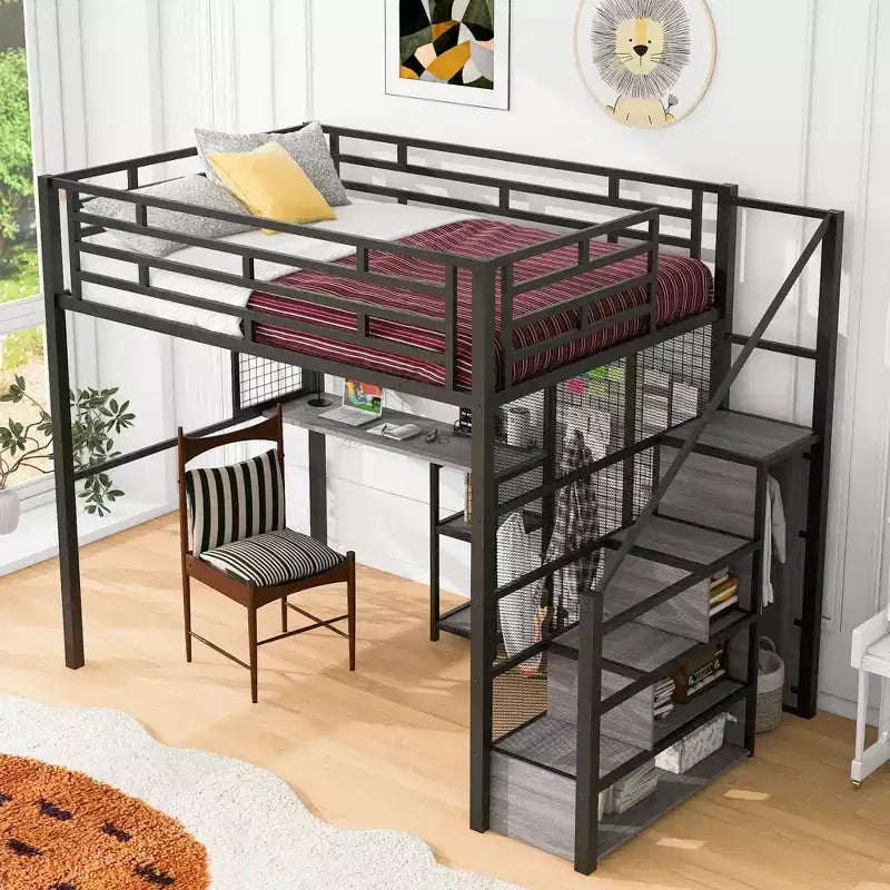 Letto a soppalco full size con scrivania e armadio, struttura in metallo resistente con scalini e mensole in legno per bambini e ragazzi