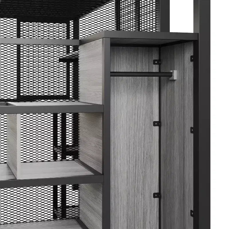 Letto a soppalco full size con scrivania e armadio, struttura in metallo resistente con scalini e mensole in legno per bambini e ragazzi