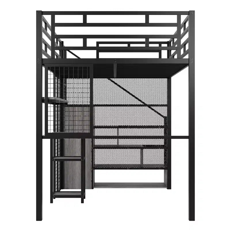 Letto a soppalco full size con scrivania e armadio, struttura in metallo resistente con scalini e mensole in legno per bambini e ragazzi