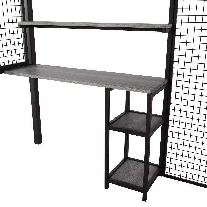 Letto a soppalco full size con scrivania e armadio, struttura in metallo resistente con scalini e mensole in legno per bambini e ragazzi