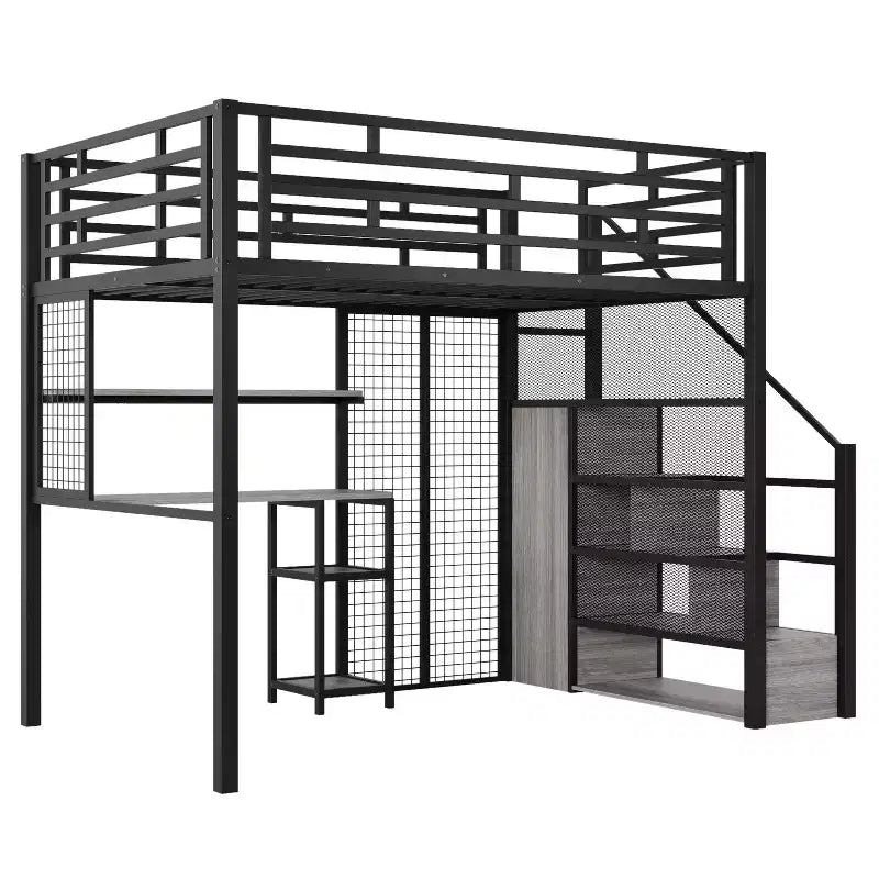 Letto a soppalco full size con scrivania e armadio, struttura in metallo resistente con scalini e mensole in legno per bambini e ragazzi