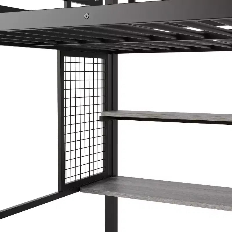 Letto a soppalco full size con scrivania e armadio, struttura in metallo resistente con scalini e mensole in legno per bambini e ragazzi