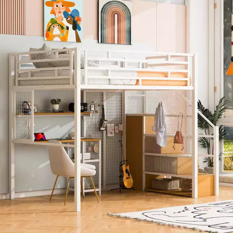 Letto a soppalco full size con scrivania e armadio, struttura in metallo resistente con scalini e mensole in legno per bambini e ragazzi