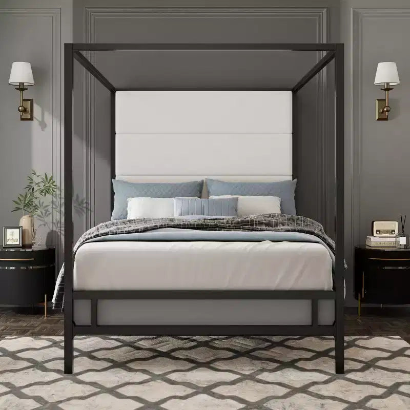 Letto a baldacchino moderno King Size con testiera imbottita in lino – 360 kg