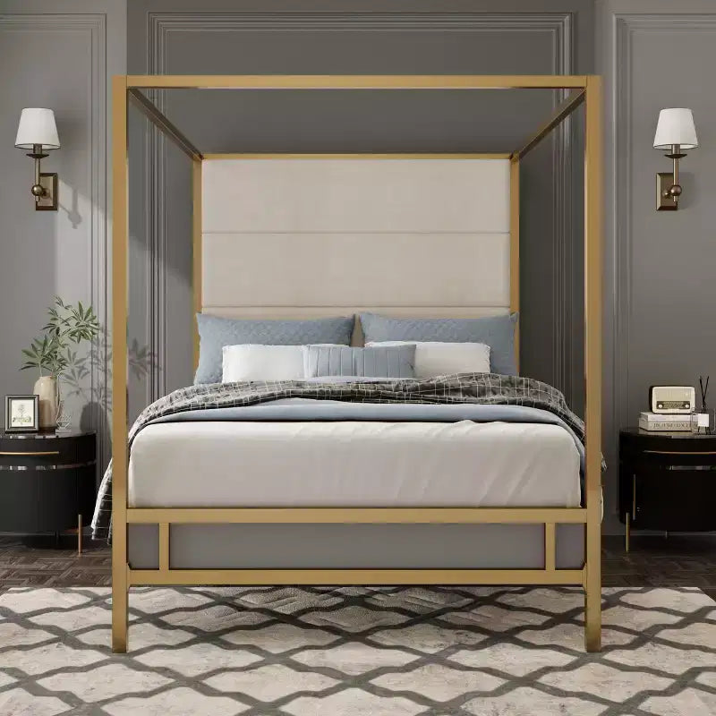 Letto a baldacchino moderno King Size con testiera imbottita in lino – 360 kg