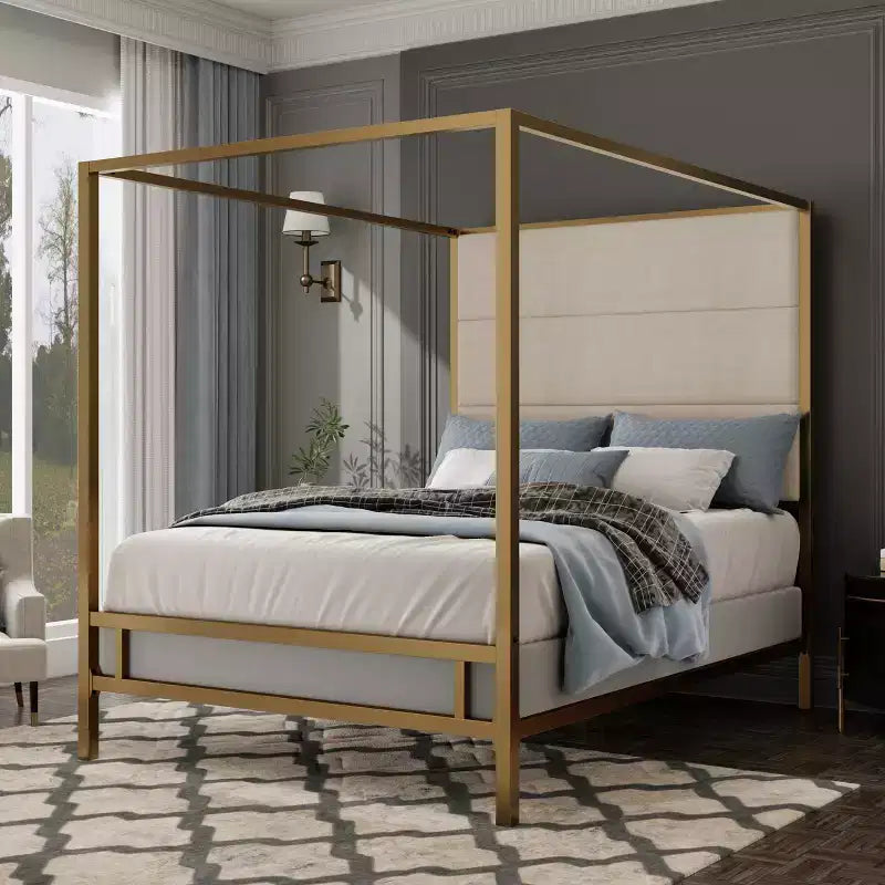 Letto a baldacchino moderno King Size con testiera imbottita in lino – 360 kg