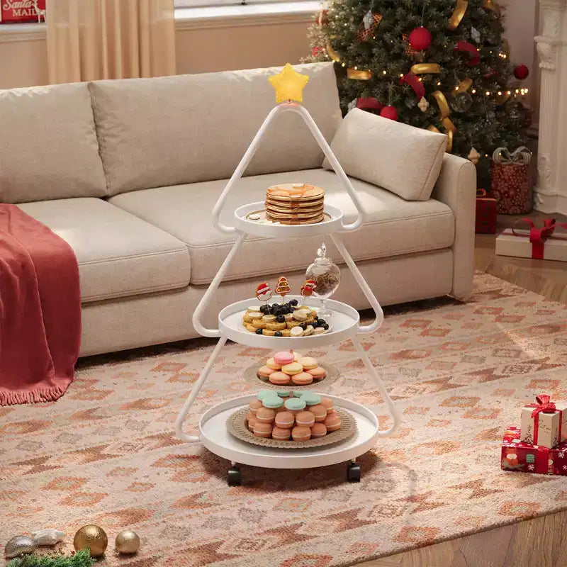 Carrello portasnack in metallo a 3 ripiani a forma di albero di Natale con stella luminosa e ruote piroettanti