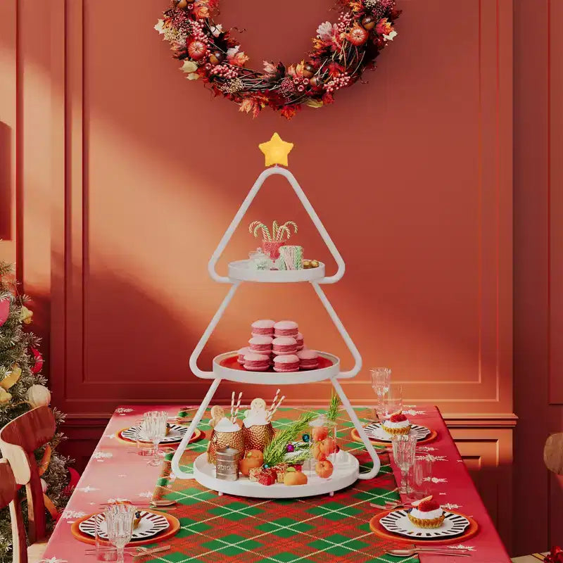 Carrello portasnack in metallo a 3 ripiani a forma di albero di Natale con stella luminosa e ruote piroettanti