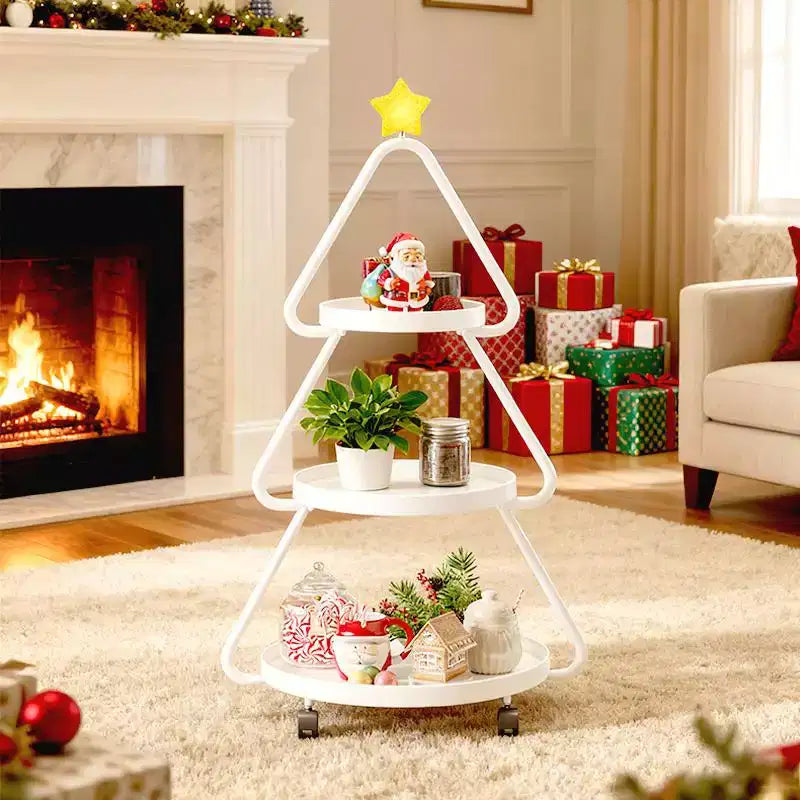 Carrello portasnack in metallo a 3 ripiani a forma di albero di Natale con stella luminosa e ruote piroettanti