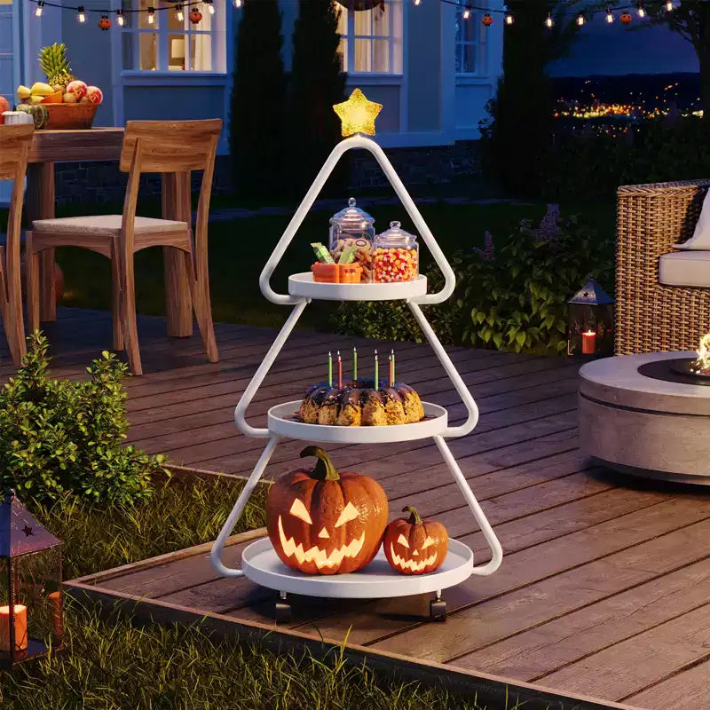 Carrello portasnack in metallo a 3 ripiani a forma di albero di Natale con stella luminosa e ruote piroettanti