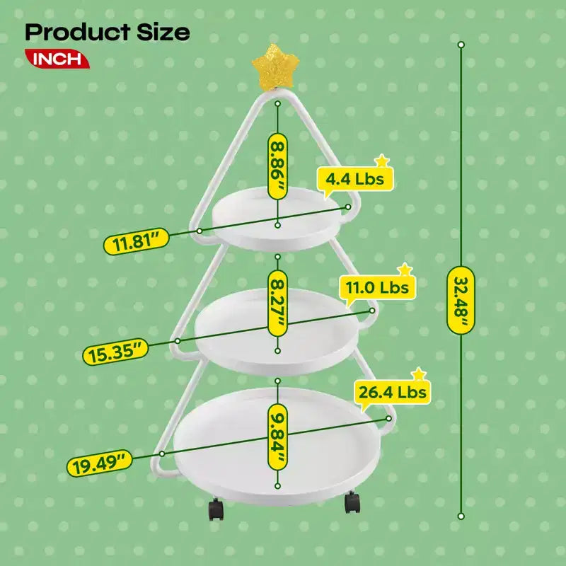 Carrello portasnack in metallo a 3 ripiani a forma di albero di Natale con stella luminosa e ruote piroettanti