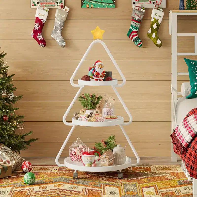 Carrello portasnack in metallo a 3 ripiani a forma di albero di Natale con stella luminosa e ruote piroettanti