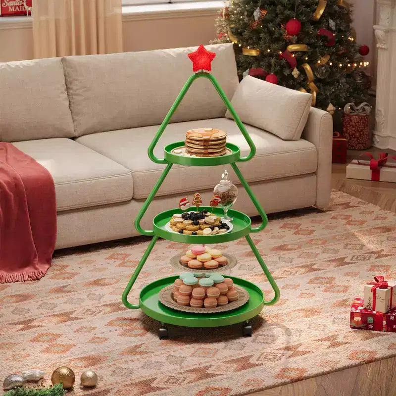 Carrello portasnack in metallo a 3 ripiani a forma di albero di Natale con stella luminosa e ruote piroettanti