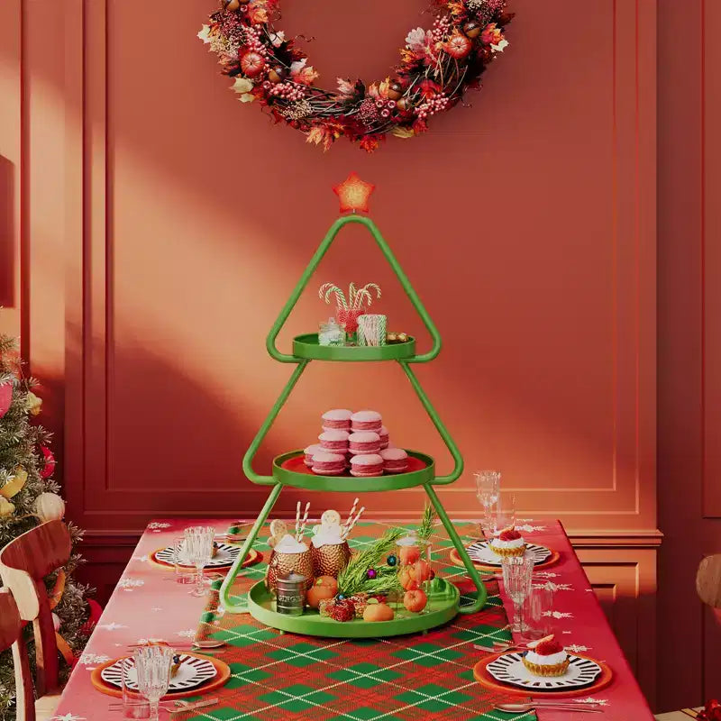 Carrello portasnack in metallo a 3 ripiani a forma di albero di Natale con stella luminosa e ruote piroettanti