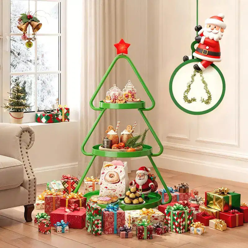 Carrello portasnack in metallo a 3 ripiani a forma di albero di Natale con stella luminosa e ruote piroettanti