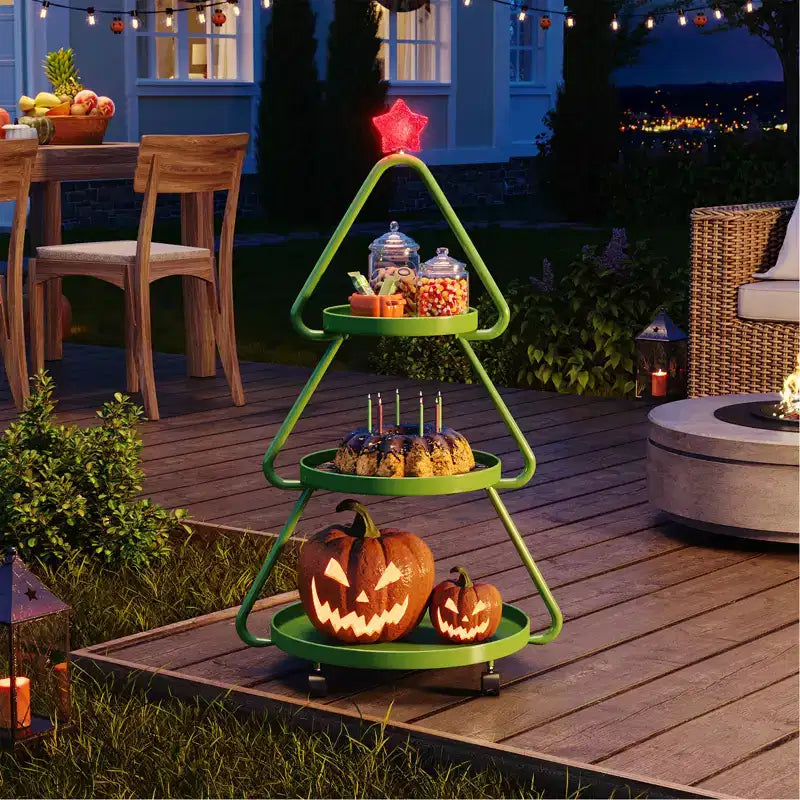 Carrello portasnack in metallo a 3 ripiani a forma di albero di Natale con stella luminosa e ruote piroettanti