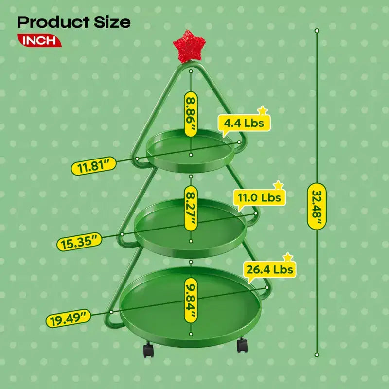 Carrello portasnack in metallo a 3 ripiani a forma di albero di Natale con stella luminosa e ruote piroettanti