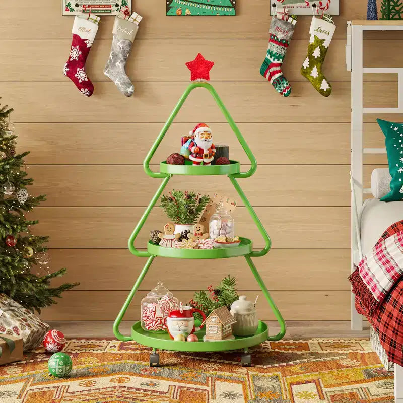 Carrello portasnack in metallo a 3 ripiani a forma di albero di Natale con stella luminosa e ruote piroettanti