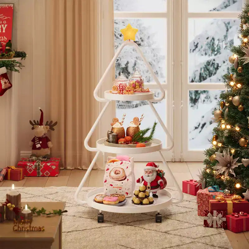 Carrello portasnack in metallo a 3 ripiani a forma di albero di Natale con stella luminosa e ruote piroettanti