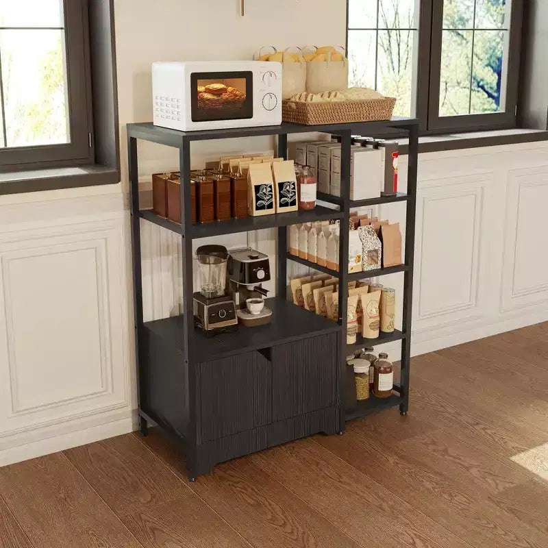 Scaffale da Cucina a 5 Livelli con Armadietto, Supporto Autoportante per Microonde e Stazione Caffè da 38,2 Pollici, Scaffale per Riporre Oggetti per Cucina, Soggiorno e Ufficio